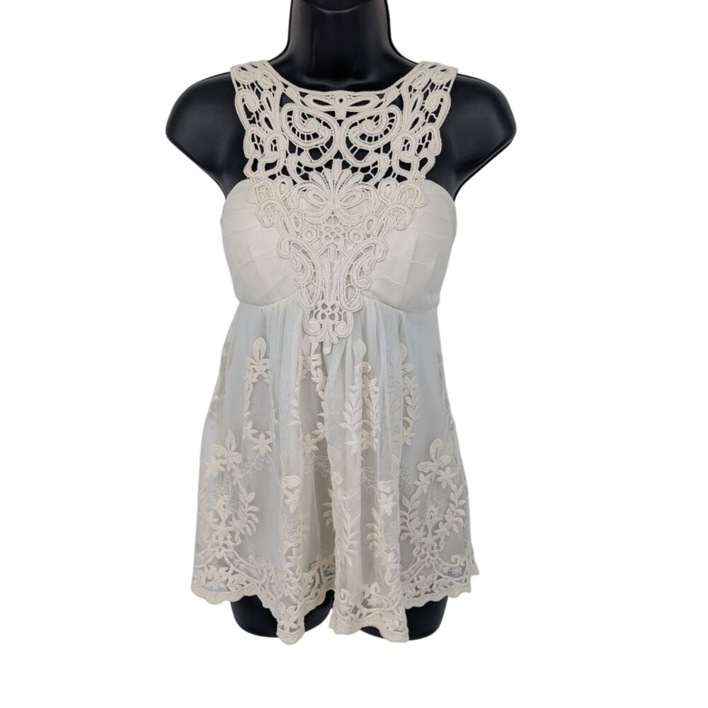Ivory Lace Babydoll Tunict Top Floral Romantic Fairy Cottage Renaissance Size M